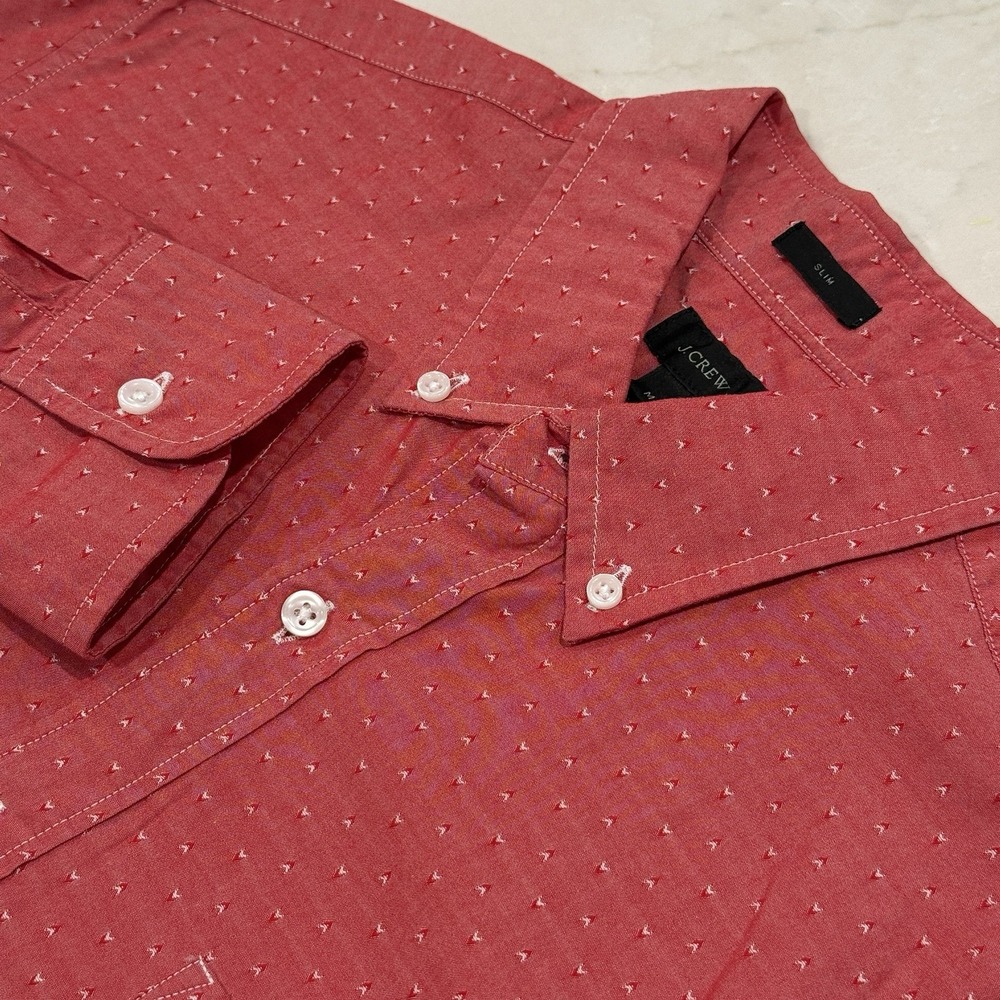 J.Crew Mens Red Button Down Swiss Dot 100% Cotton Slim MED